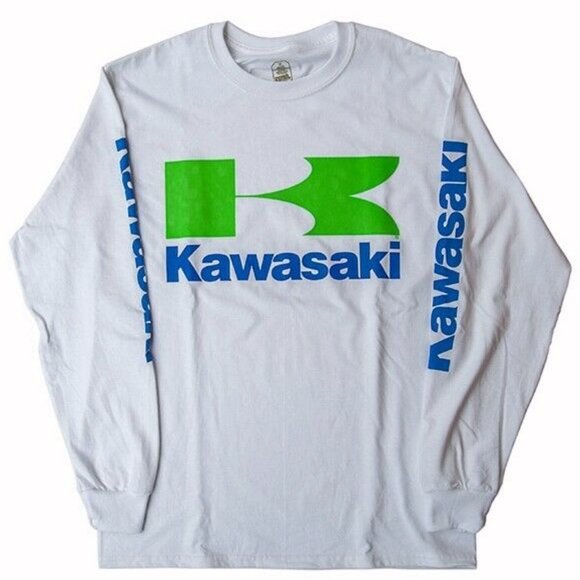 Kawasaki Logo White Green-Blue Jersey Long Sleeve T-Shirt - NEW - Picture 1 of 4